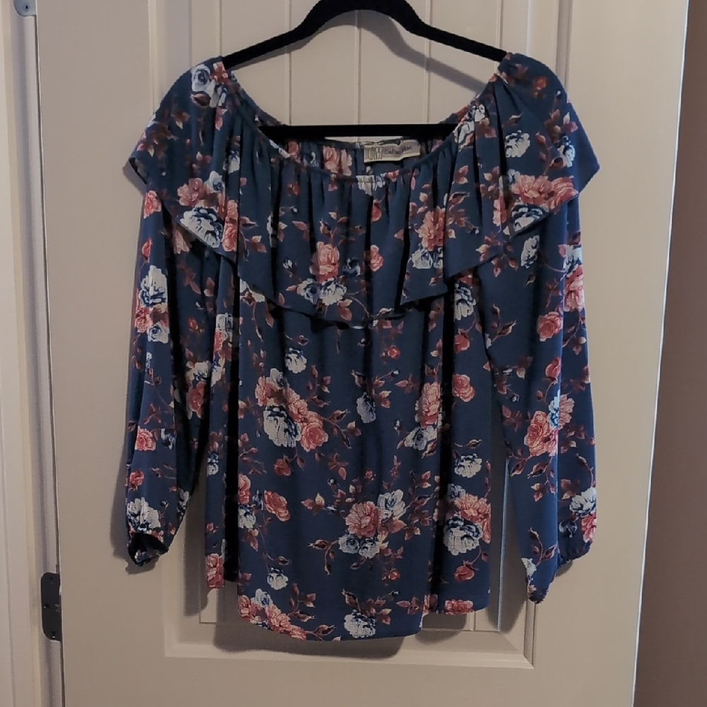 Callie MacFloral Off-Shoulder Ruffle Blouse - Blue/Pink